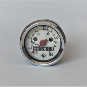 Speedometer, 80 km/h, red needle, white plate, Jawa Babetta